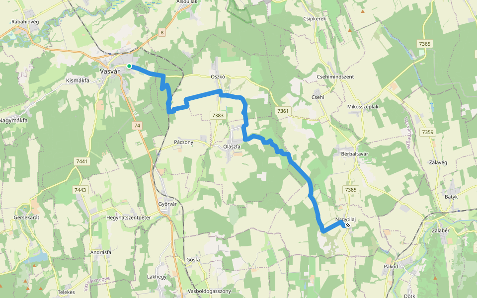 P+ (Vasvár – Nagytilaj) walking route map in Vasvár