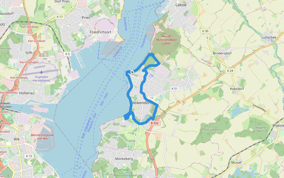 Heikendorfer Wasserweg walking route map in Heikendorf