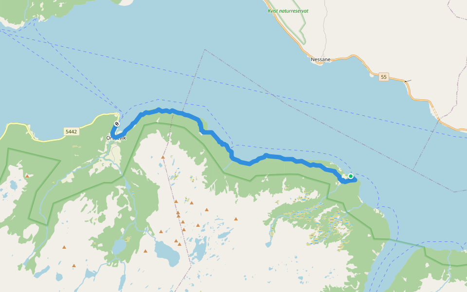 Ortnevik-Sylvarnes walking route map in Nessane