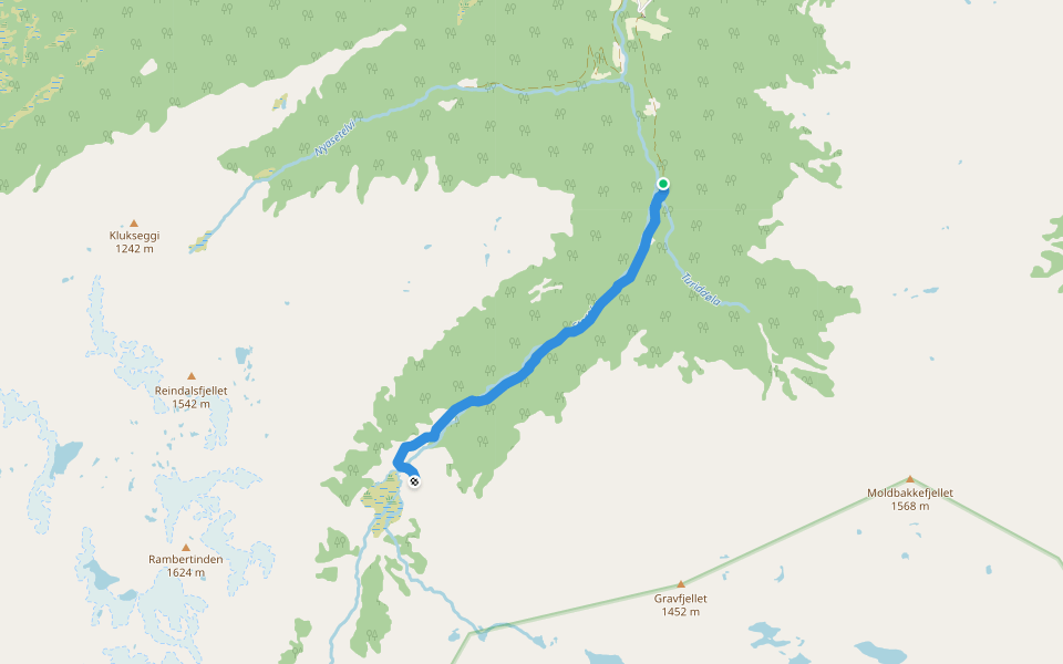 Melsgjelet-Gullsete walking route map in Feios