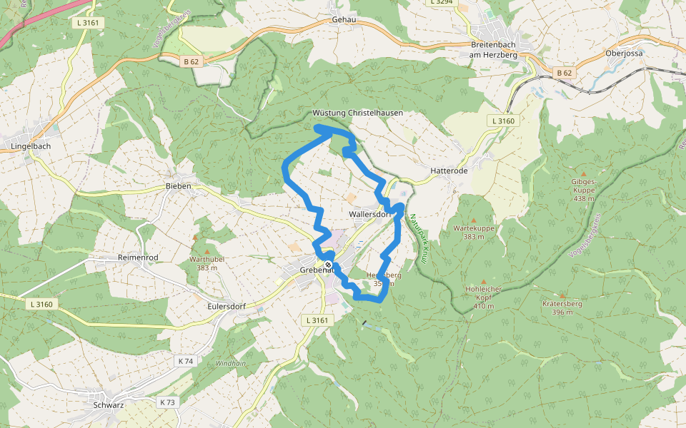 Gruendchentour (red) walking route map in Grebenau