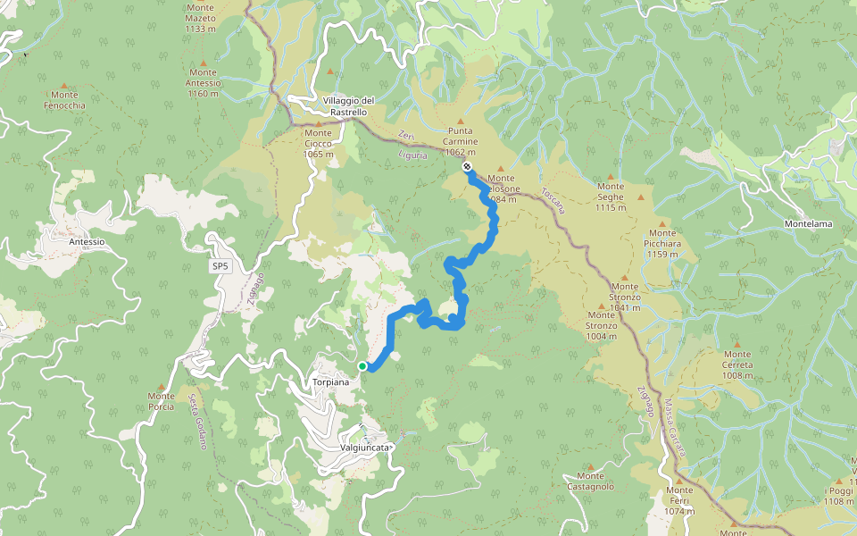 Torpiana – Costa Cavallara – Foce di Cavagina walking route map in Torpiana