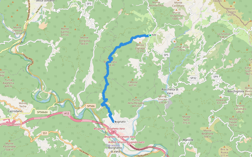 Brugnato – Bozzolo - Pieve di Zignago walking route map in Pieve