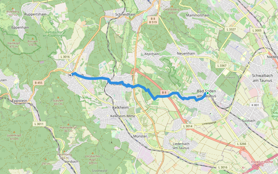 Taunusklub Route 023 walking route map in Bad Soden am Taunus