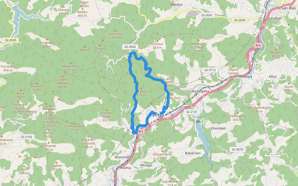 PR-GI 72 Legorreta-Santamaña-Legorreta walking route map in Legorreta
