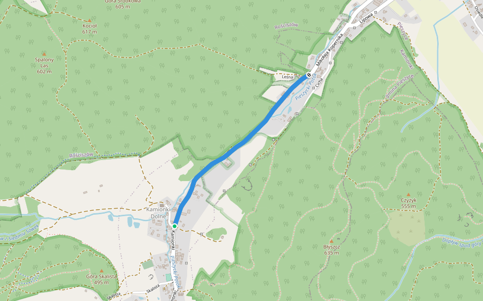 Kamionki Dolne - Pieszyce Mostek walking route map in Pieszyce