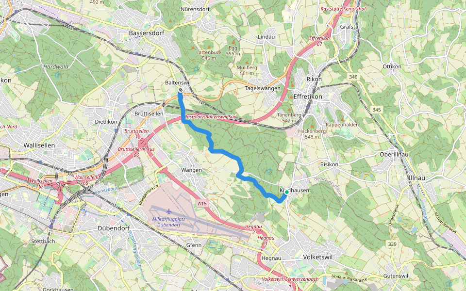 Kindhausen - Baltenswil walking route map in Volketswil