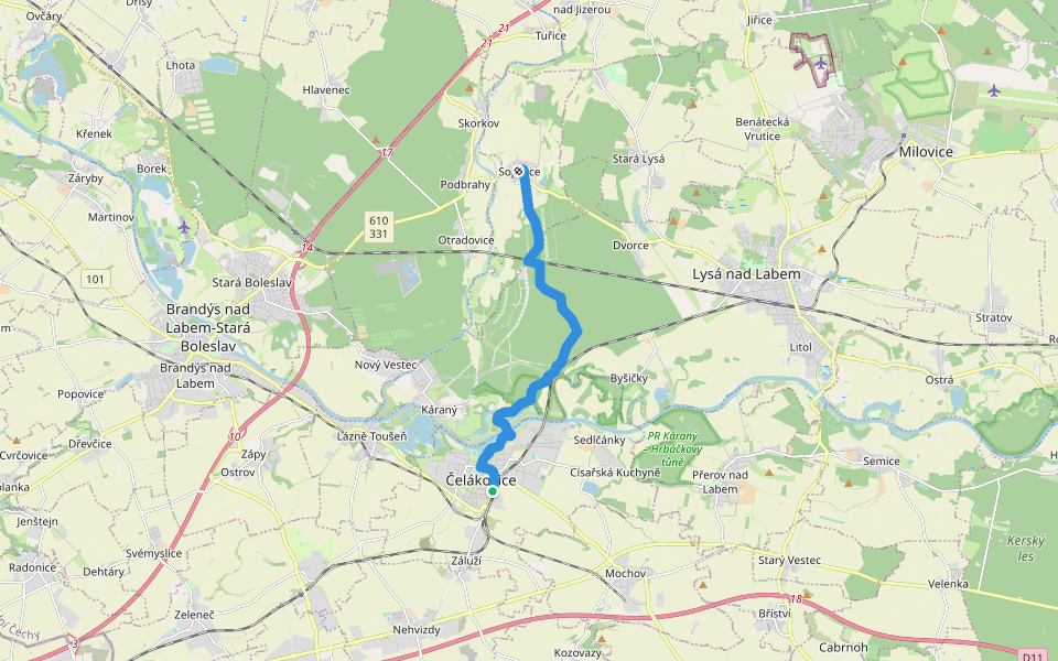 [Ž] Čelákovice (žst) - Sojovice walking route map in Čelákovice
