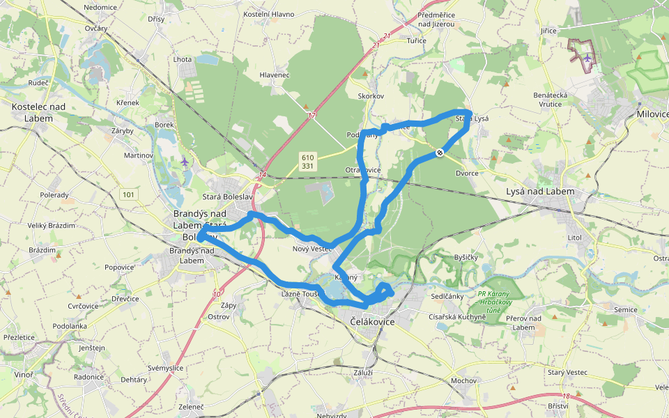 [M] Brandýs nad Labem - Stará Lysá - Brandýs nad Labem walking route map in Sojovice
