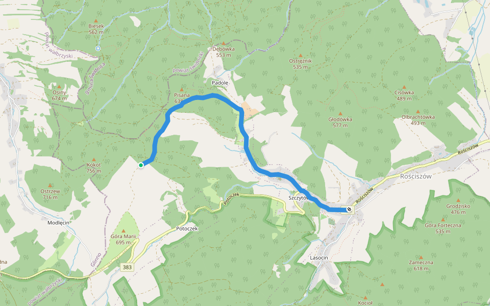 Kuźnica - Rościszów walking route map in Pieszyce