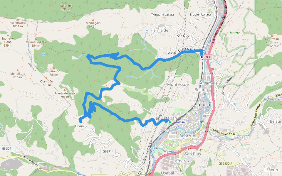 PR-GI 114 Urkizuko ibilbidea walking route map in San Esteban