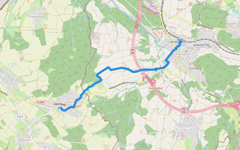Birmensdorf - Lieli walking route map in Oberwil-Lieli