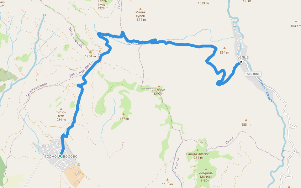 с. Горно Изворово - с. Селце walking route map in Gorno Izvorovo