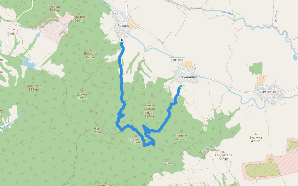 с. Кънчево - м. Казанска нива - с. Розово walking route map in Kanchevo
