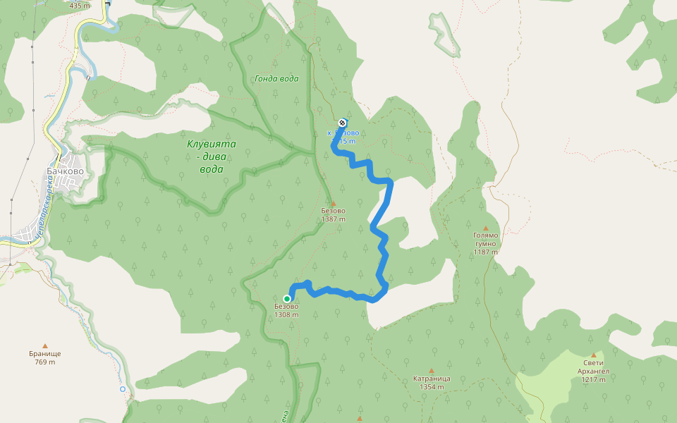 х. Безово - х. Марциганица walking route map in Bachkovski manastir