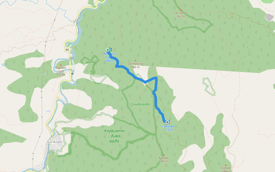 х. Безово - х. Момина Сълза walking route map in Asenovgrad