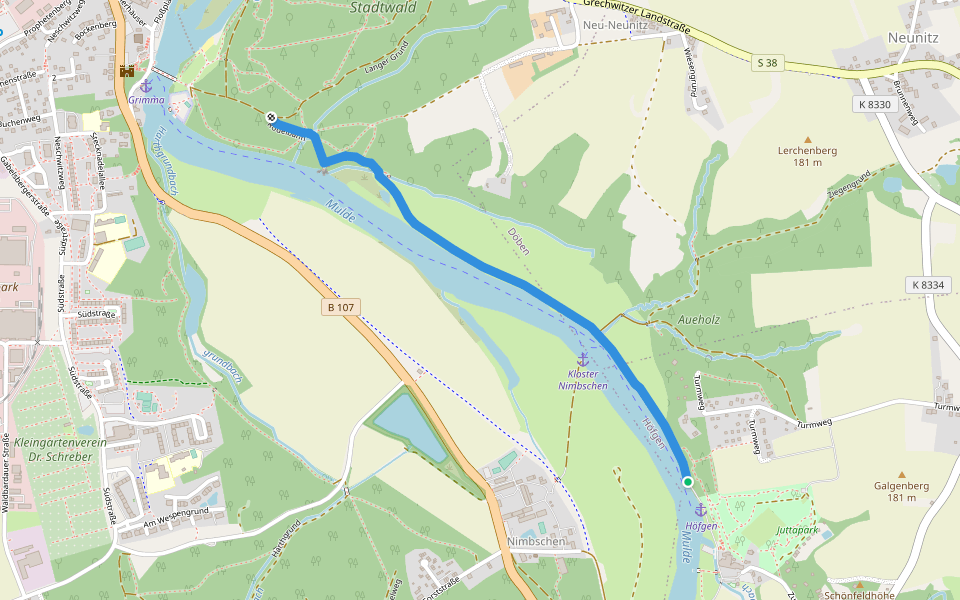 Wanderweg gelber Strich (? - Grimma - Kössern - ?) walking route map in Grimma