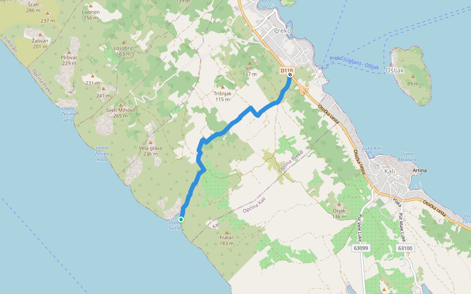 Preko-Uvala Svitla walking route map in Preko