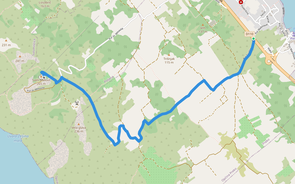 Preko-Završće-Vela glava-Sv. Mihovil walking route map in Preko