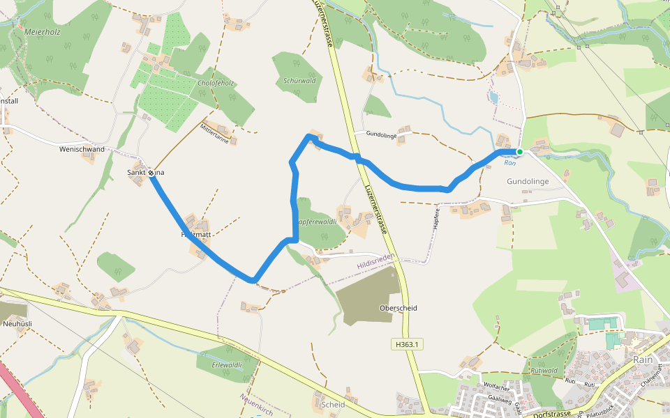 St.Anna - Gundolinge walking route map in Rain
