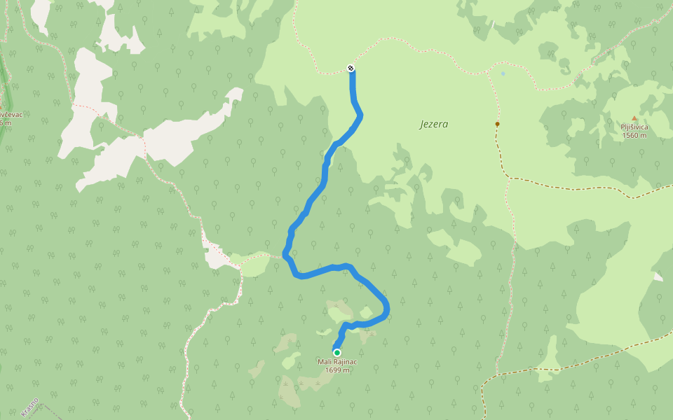 Jezera - Mali Rajinac walking route map in Krasno