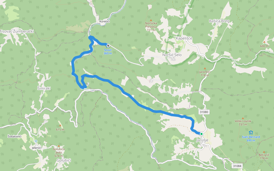 Koretići - Jarušje walking route map in Jarušje