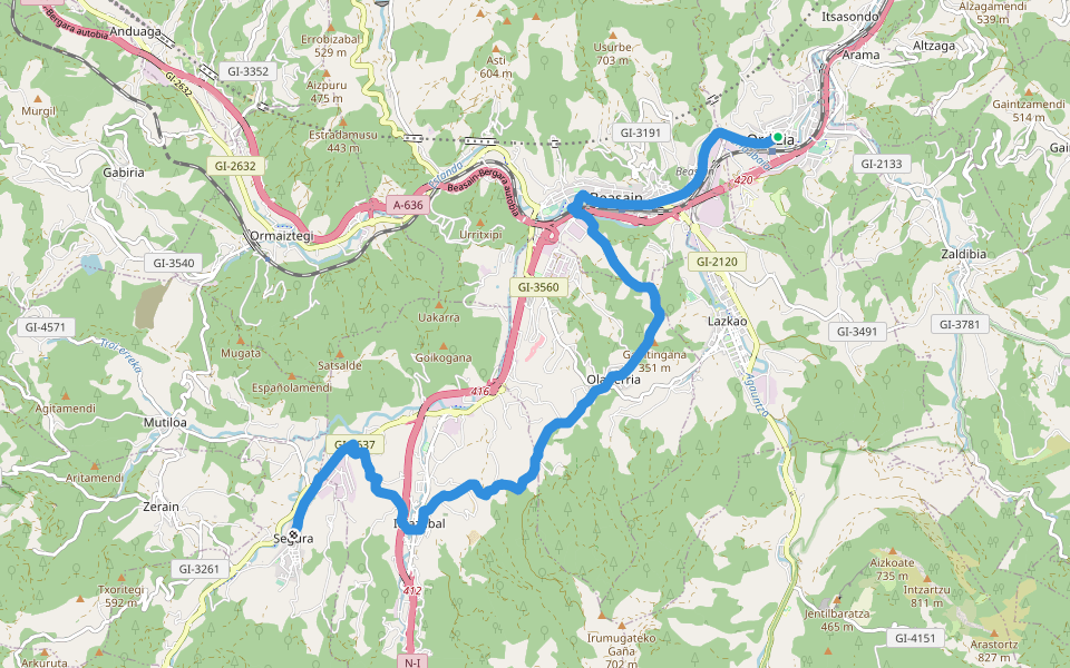 GR 283 E2 Gaztaren Ibilbidea: Ordizia - Segura walking route map in Ordizia