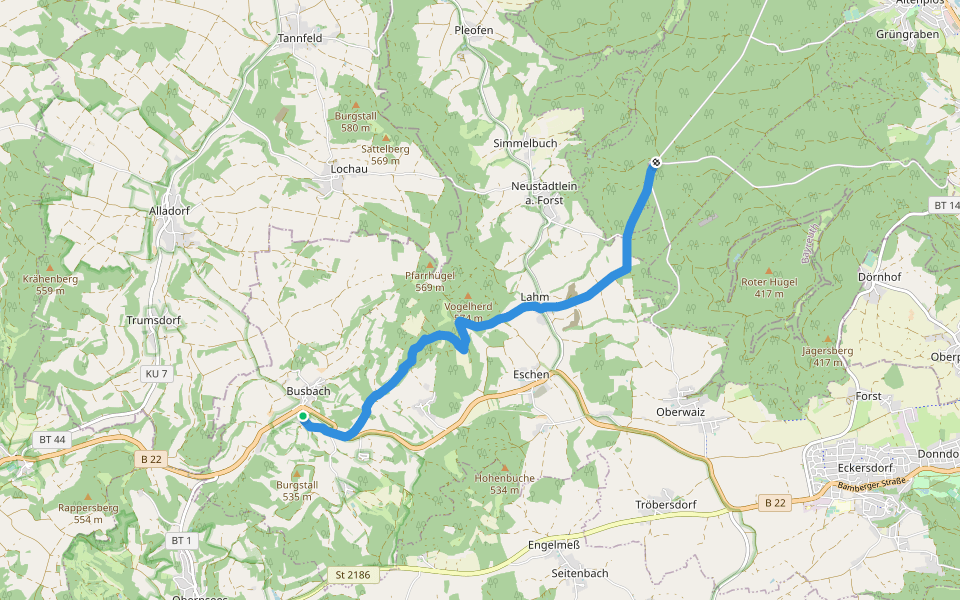 Busbach--Waldhütte walking route map in Eckersdorf