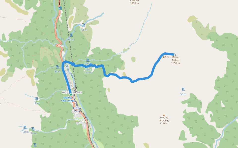 Mount Aicken walking route map in Arthur's Pass National Park