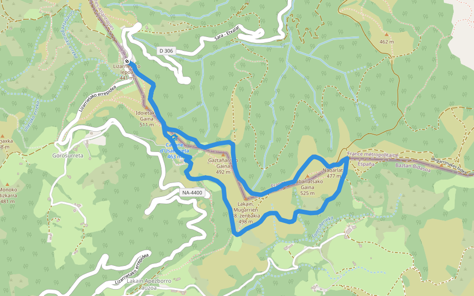 Chemin des Palombières walking route map in Etxalar