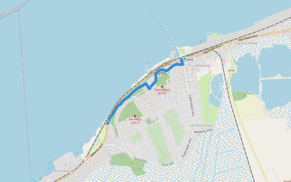 P (Fonyód vá. – Bélatelep vá.) walking route map in Fonyód