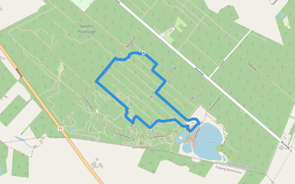 Søndre plantage Rød vandrerute walking route map in Varde