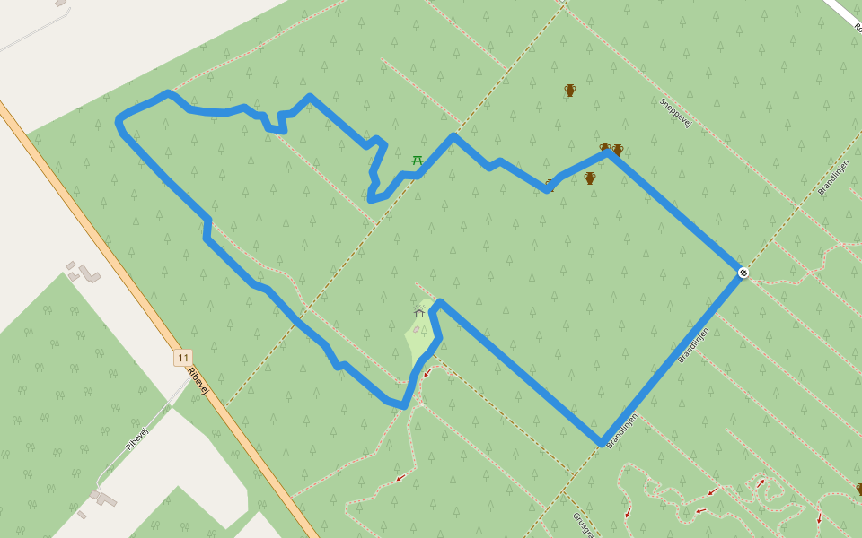 Søndre plantage Gul vandrerute walking route map in Varde