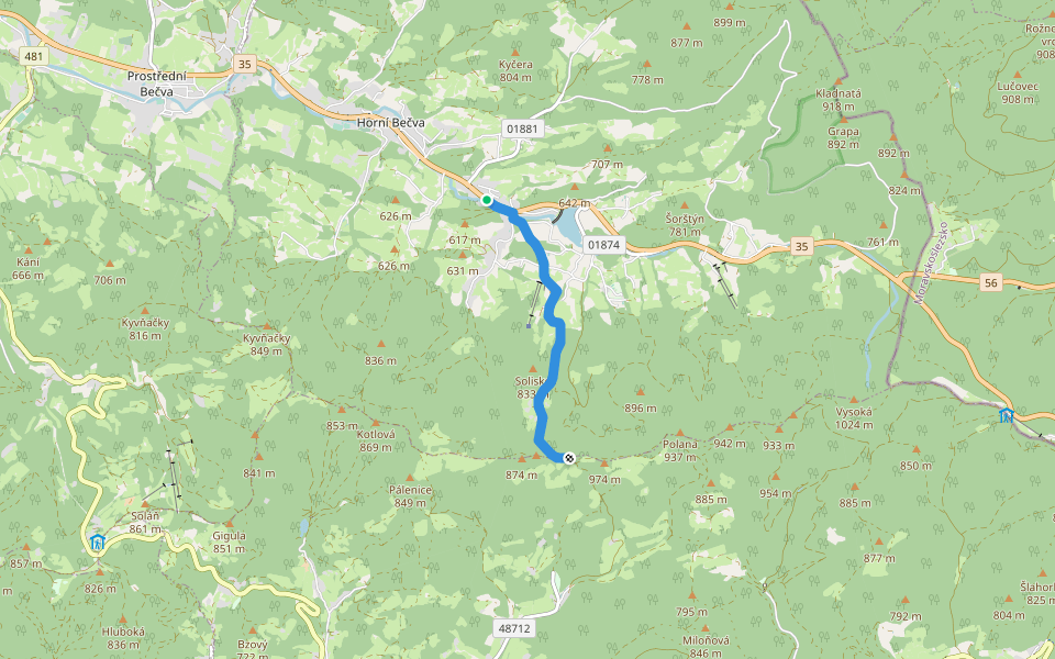 Horní Bečva - Benešky walking route map in Horní Bečva