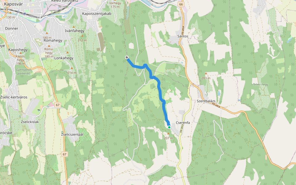 S● (Nyárszói-erdő – Herczeg-forrás – Cserénfa, Kustos) walking route map in Cserénfa