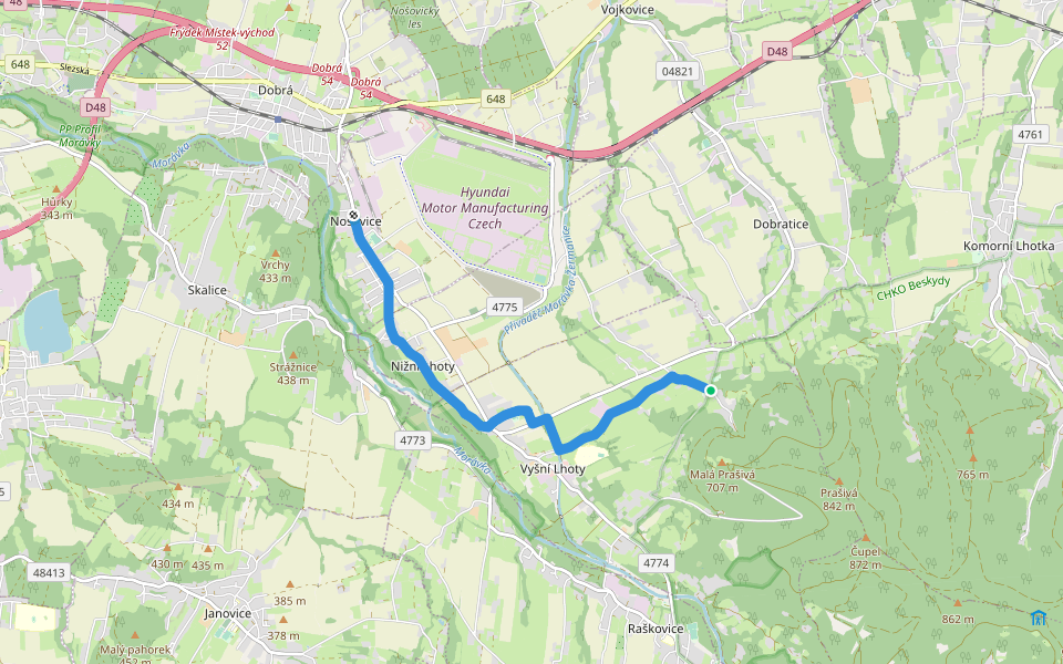 [Z] Nošovice (pivovar, bus) - Kamenité (rozc.) walking route map in Vyšní Lhoty