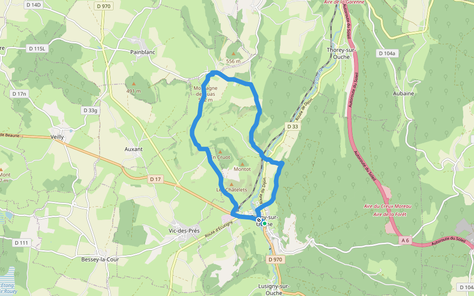 Chemin de la Montagne walking route map in Bligny-sur-Ouche