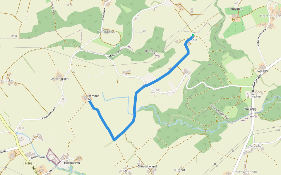 Obmoos - Hirselen walking route map in Rain
