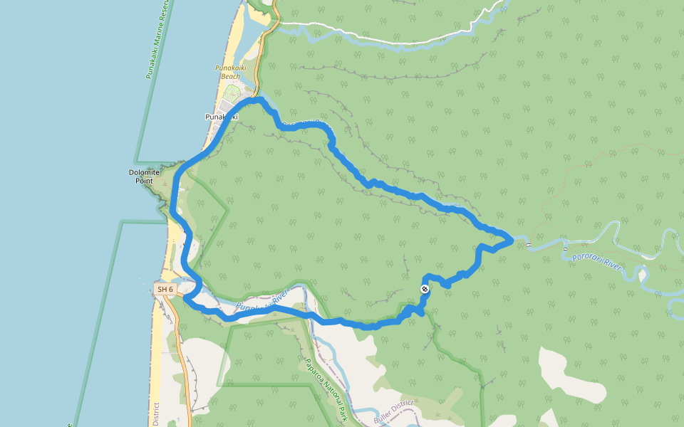 Punakaiki - Pororari River Loop walking route map in Barrytown