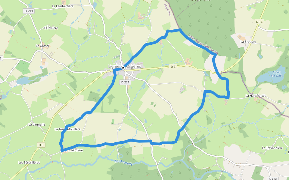 La Rivière (le Tilleul) walking route map in Lignières-Orgères