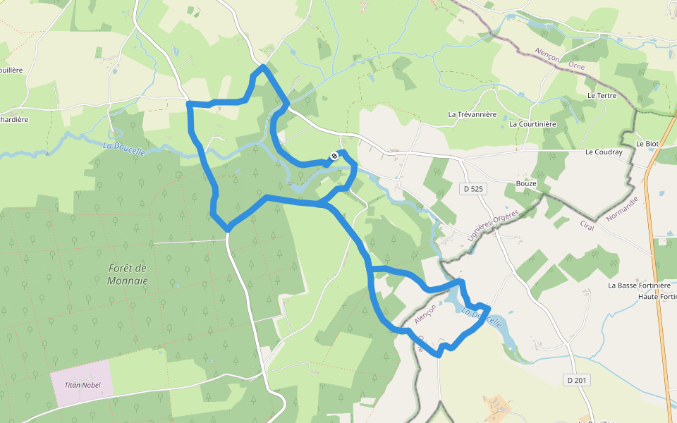 Les Moulins walking route map in Lignières-Orgères