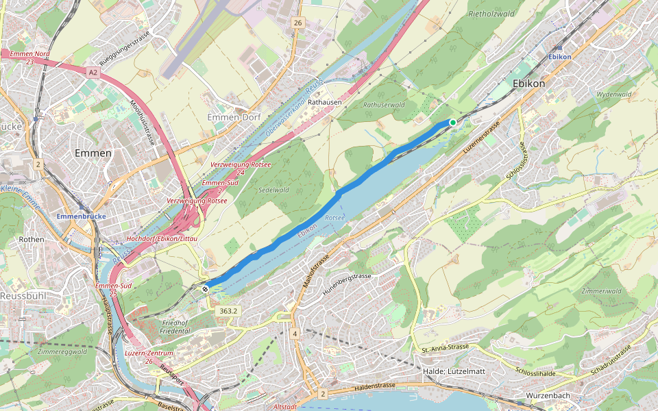Rootsee West - Rotsee Ost walking route map in Ebikon