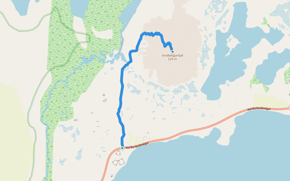 Aussichtberg Vindbelgjarfjall walking route map in Skútustaðir