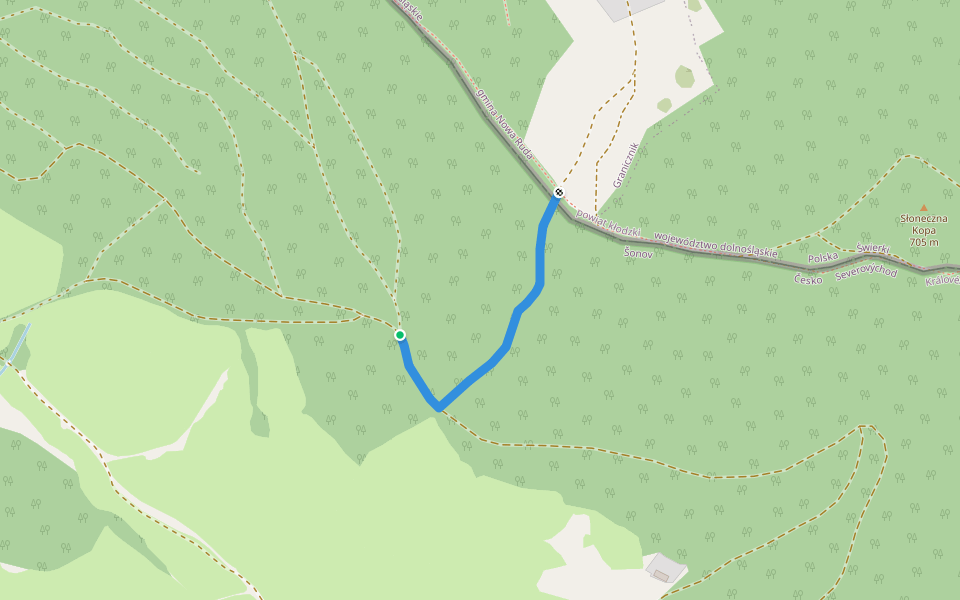 Rozdroże pod Słoneczną (granica państwa) - rozcestí Pod Červeným vrchem walking route map in Šonov
