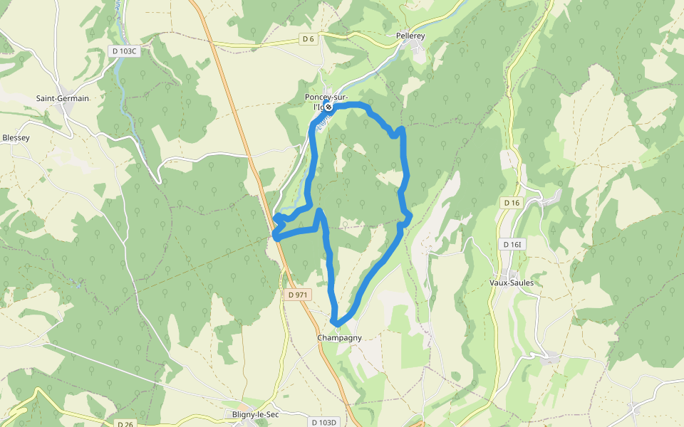 Sentier des Source de l'Ignon walking route map in Poncey-sur-l'Ignon