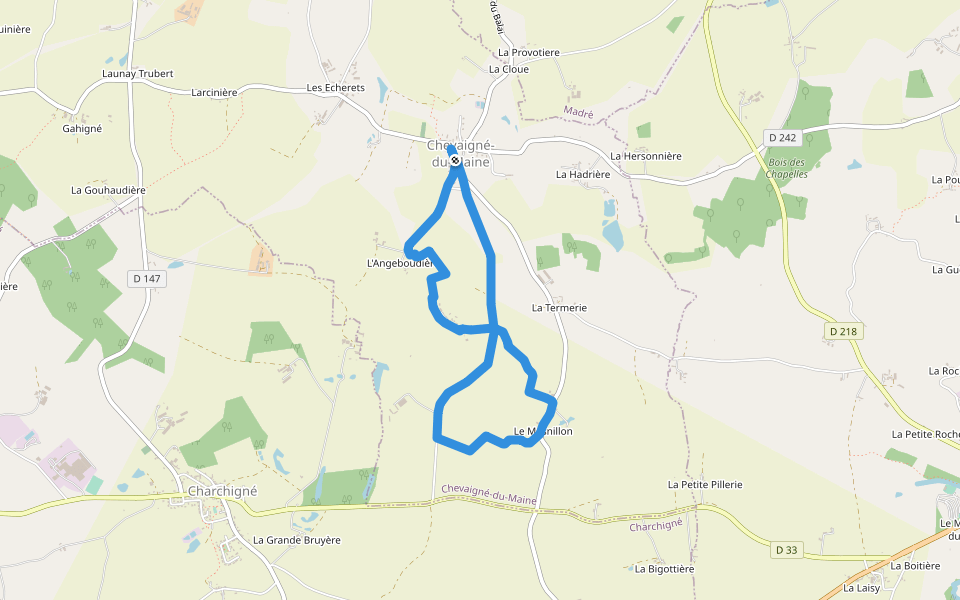 Boucle des Mésanges walking route map in Chevaigné-du-Maine
