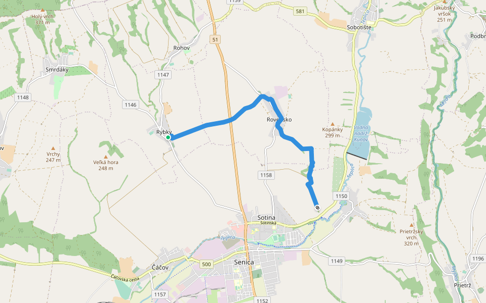 Rybky - Rovensko - Senica, vodojem walking route map in Hubina