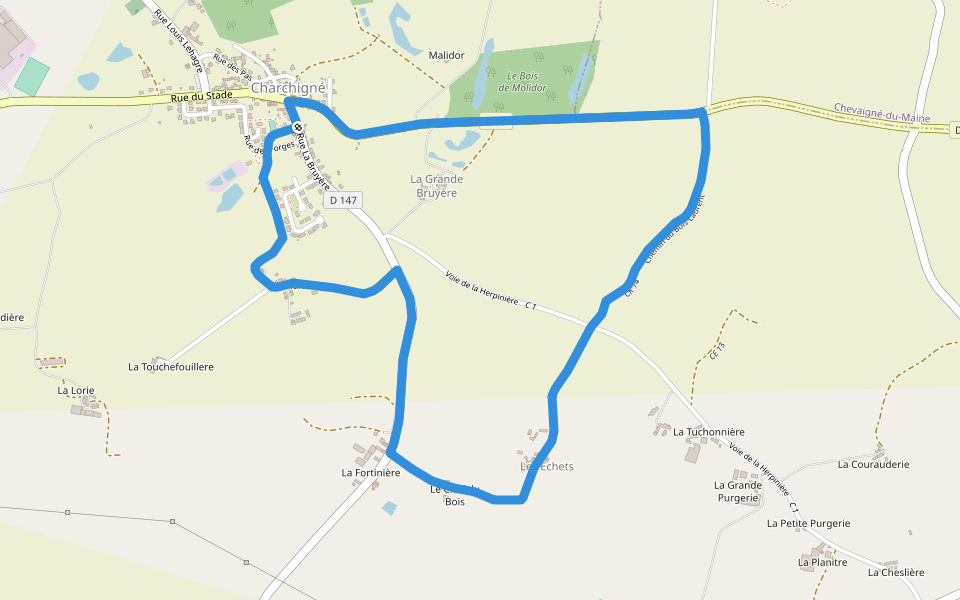 Chemin du Bois Laurent walking route map in Charchigné