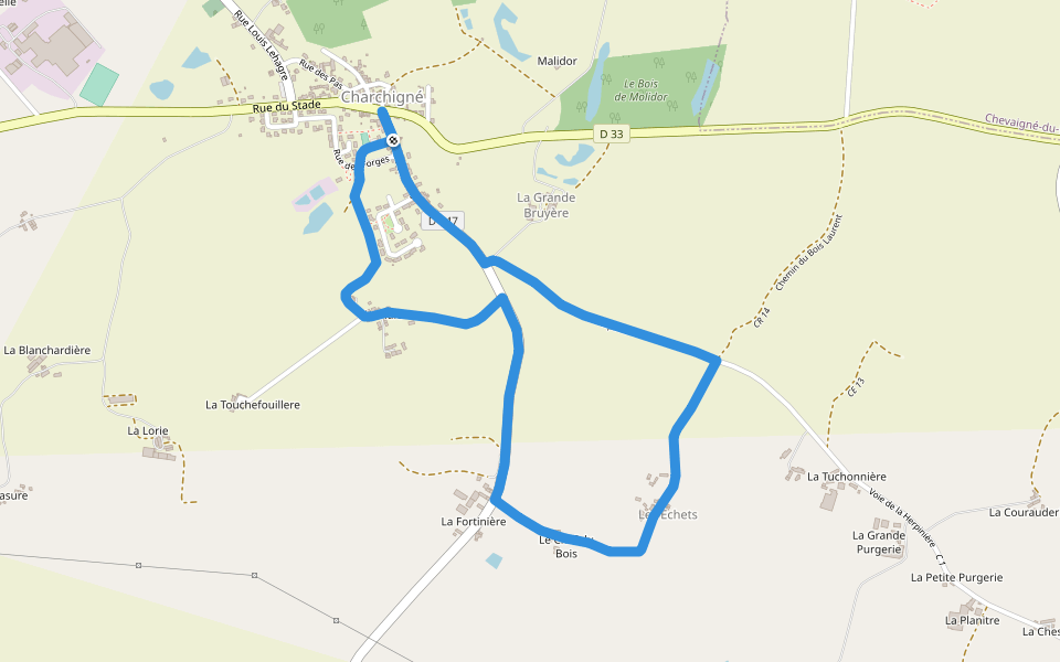 Chemin du Chef Bois walking route map in Charchigné