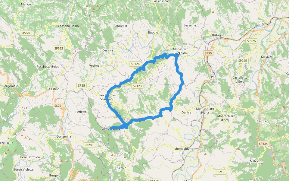 Giro delle 5 Torri walking route map in Monastero Bormida